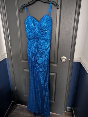 Electric Blue Sequin Spaghetti Strap Prom Gown